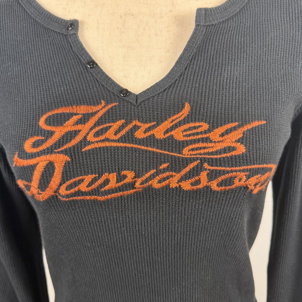 Harley-Davidson Black Thermal Long Sleeve Shirt Y2K Retro Women's Small V neck - Picture 4 of 11